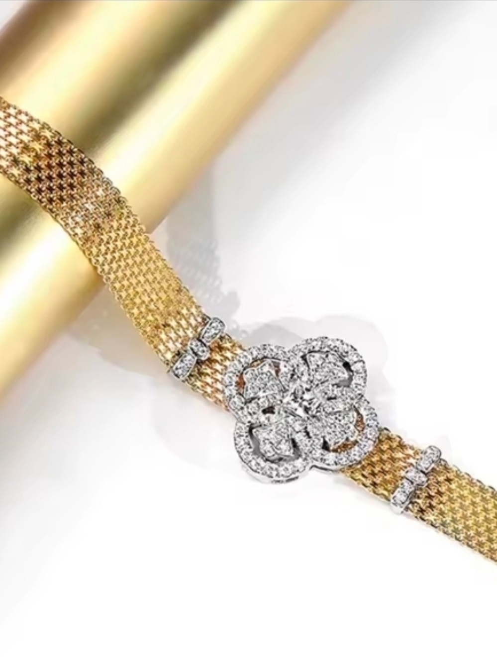 Gold Mesh Bracelet with Crystal Floral Emblem
